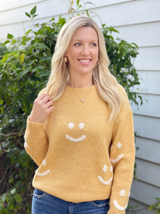 Happy Girl Smile Print Mustard Sweater