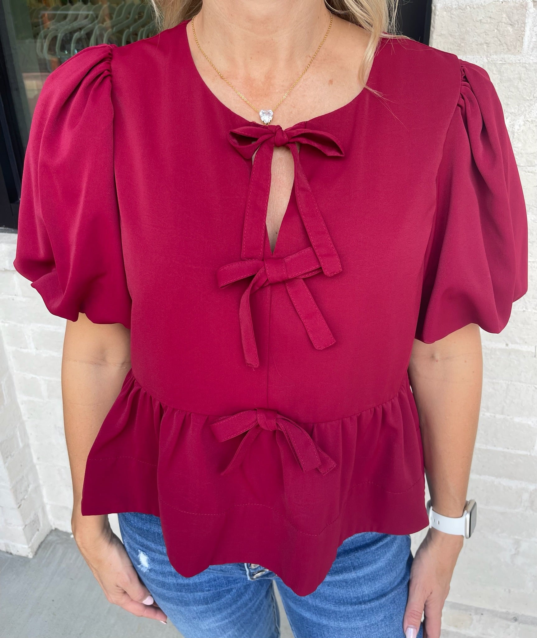 Center Stage Burgundy Bow Detail Top