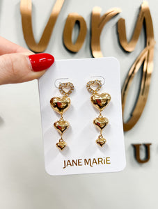 Crystal Heart Stud with Tiered 3D Gold Hearts