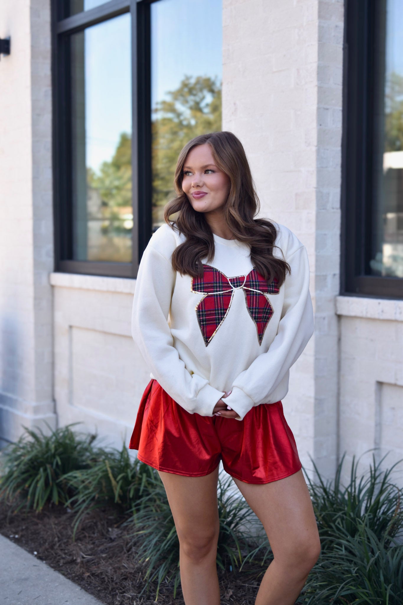 Long Sleeve Christmas Plaid Bow Knit Top