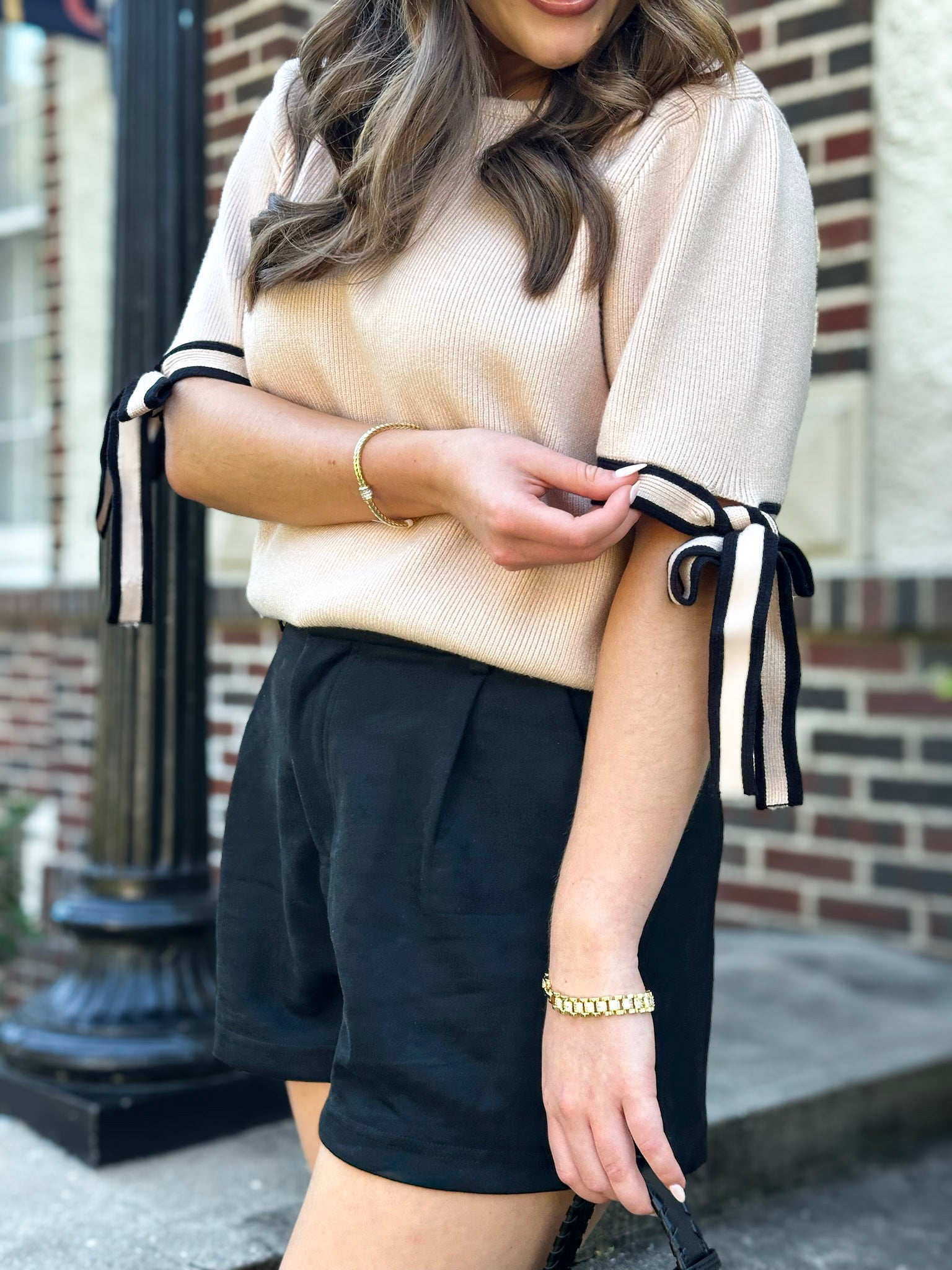 Stay For A While Taupe Bow Tie Short Sleeve Top