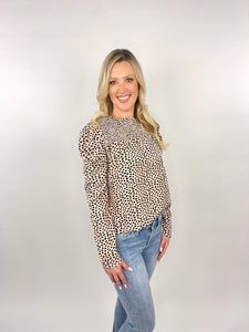 Classic Nude Leopard Print Long Sleeve Smocked Top