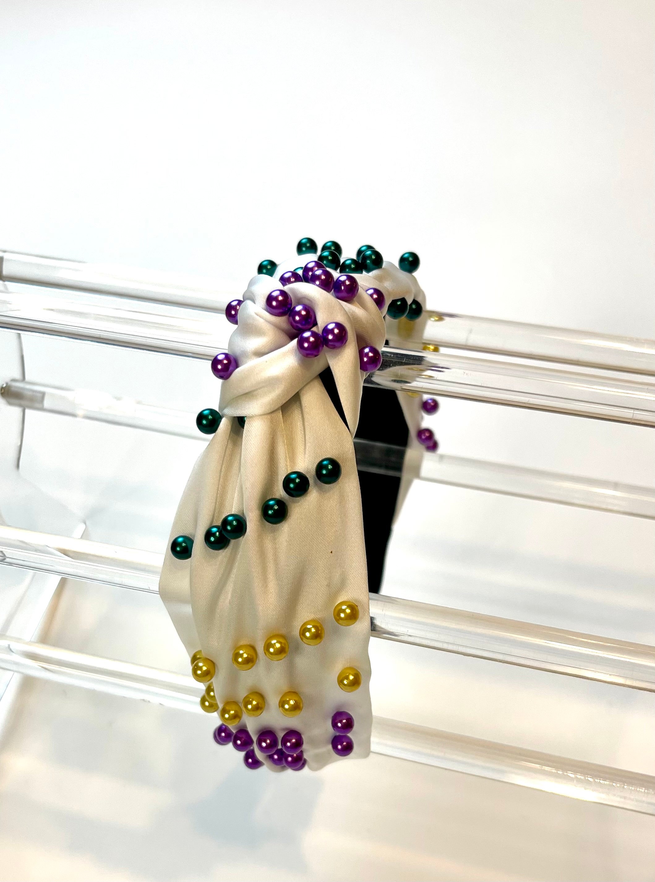 White Pearl Headband-Purple, Green & Gold Beads
