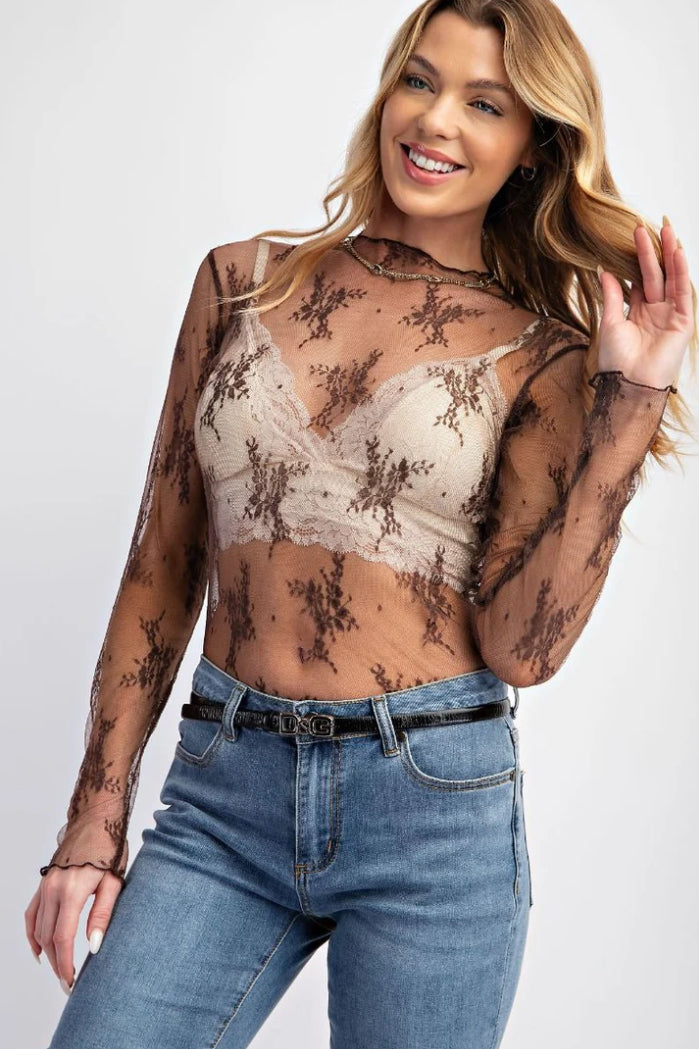 Never Stray Mocha Sheer Lace Fitted Top