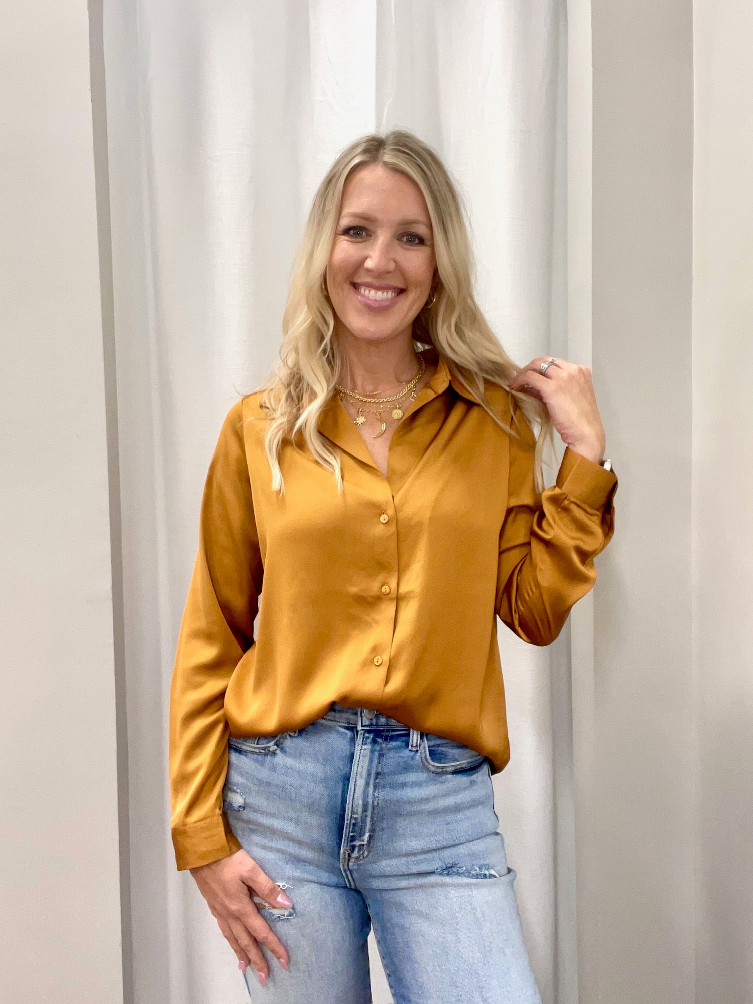 Show & Tell Button Down Butterscotch Blouse