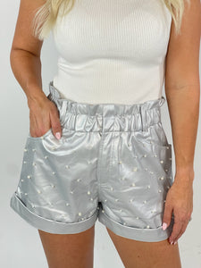 Fancy Pearl Silver Faux Leather Shorts