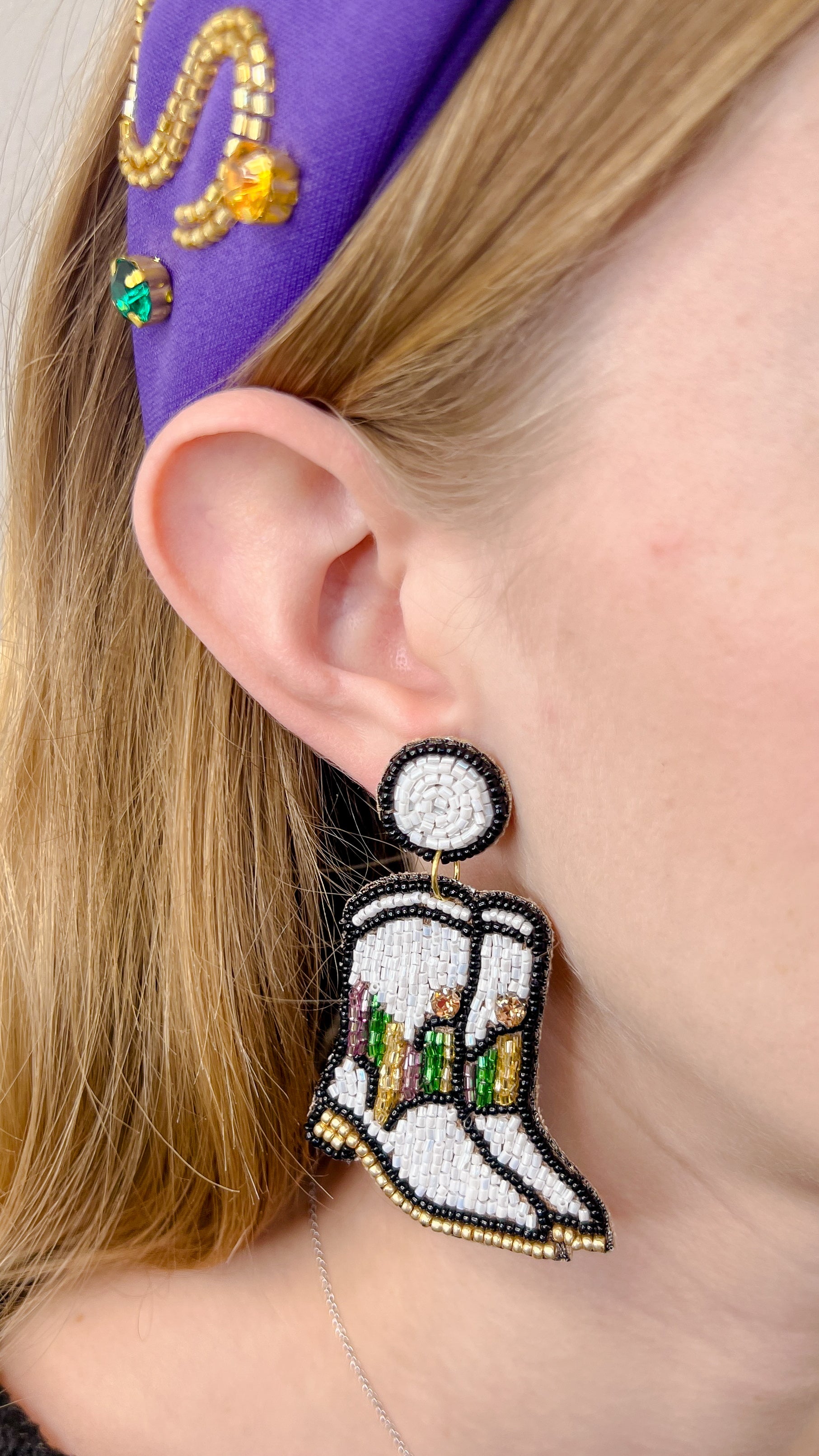 Beaded Mardi Gras Boot Earrings