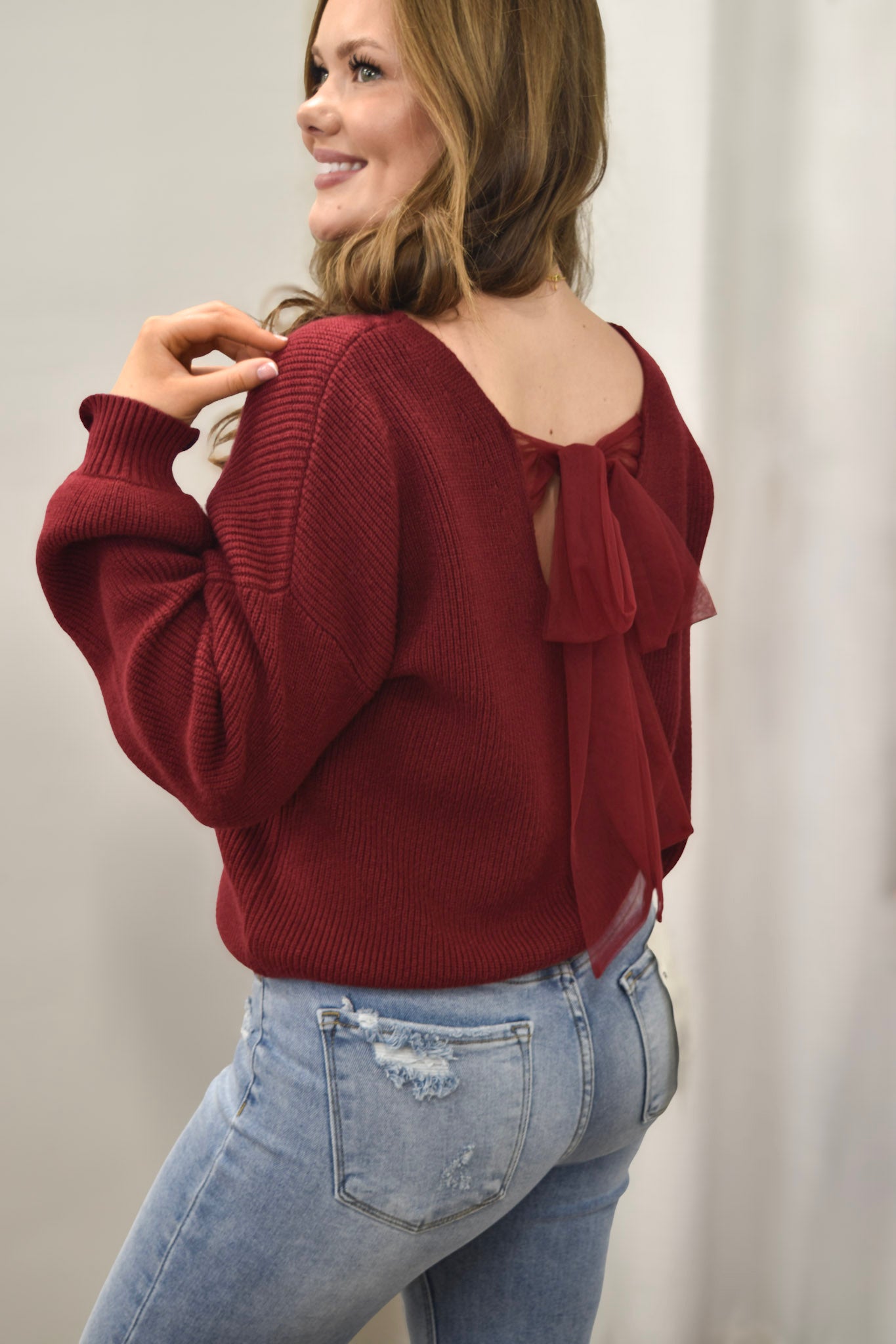 Dreams Become Reality Deep Red Sweater With Bow Detail