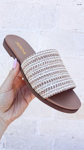 AVERY TAN WOVEN RAFFIA FLAT SANDAL