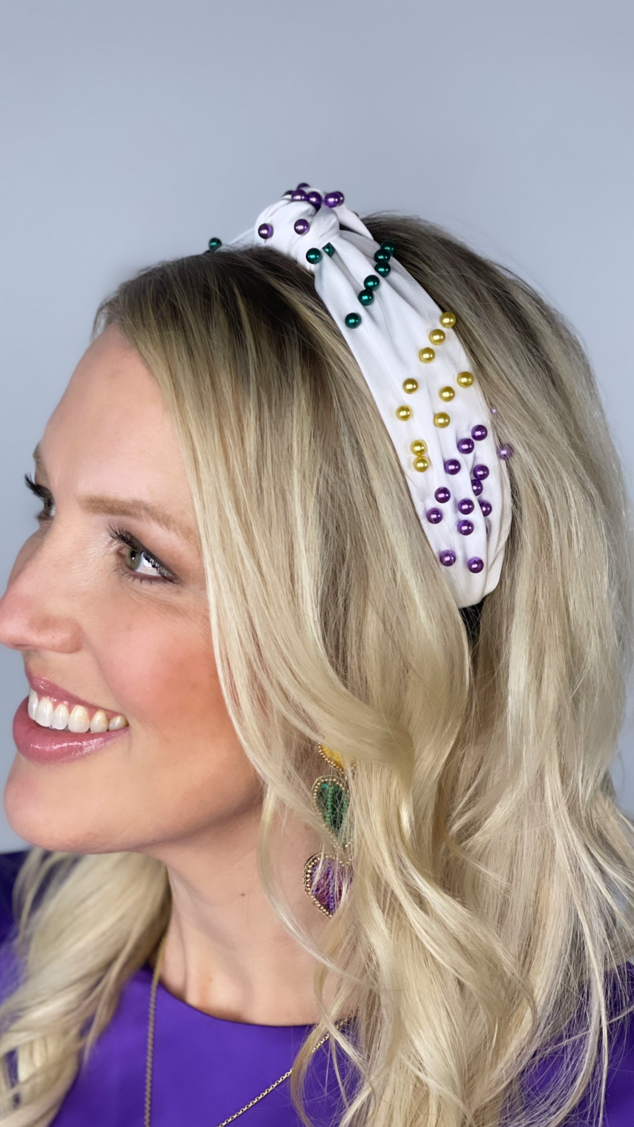 White Pearl Headband-Purple, Green & Gold Beads