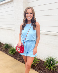 That Grove Feeling Carolina Blue Satin Romper