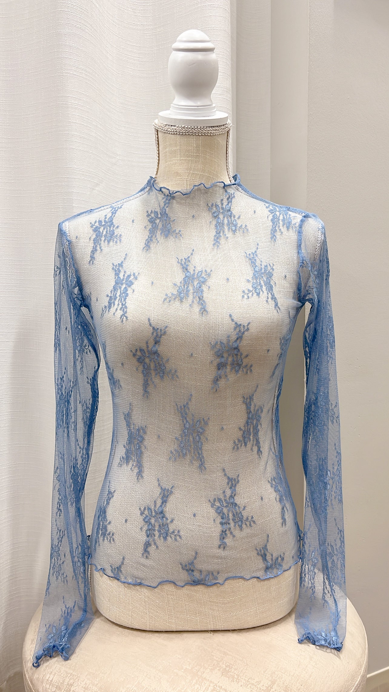 Never Stray Blue Sheer Lace Fitted Top