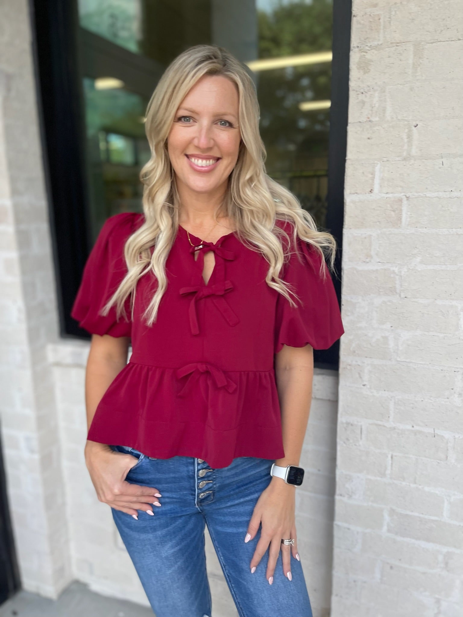 Center Stage Burgundy Bow Detail Top