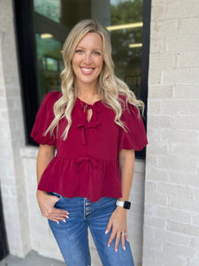 Center Stage Burgundy Bow Detail Top