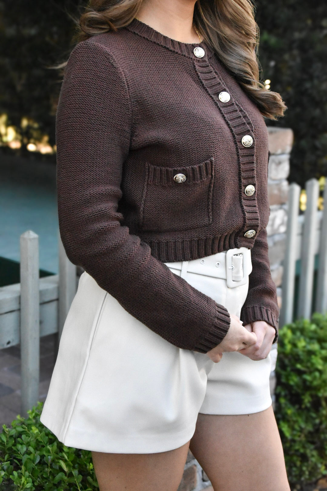 Tina Gold Button Trim Knit Chocolate Sweater