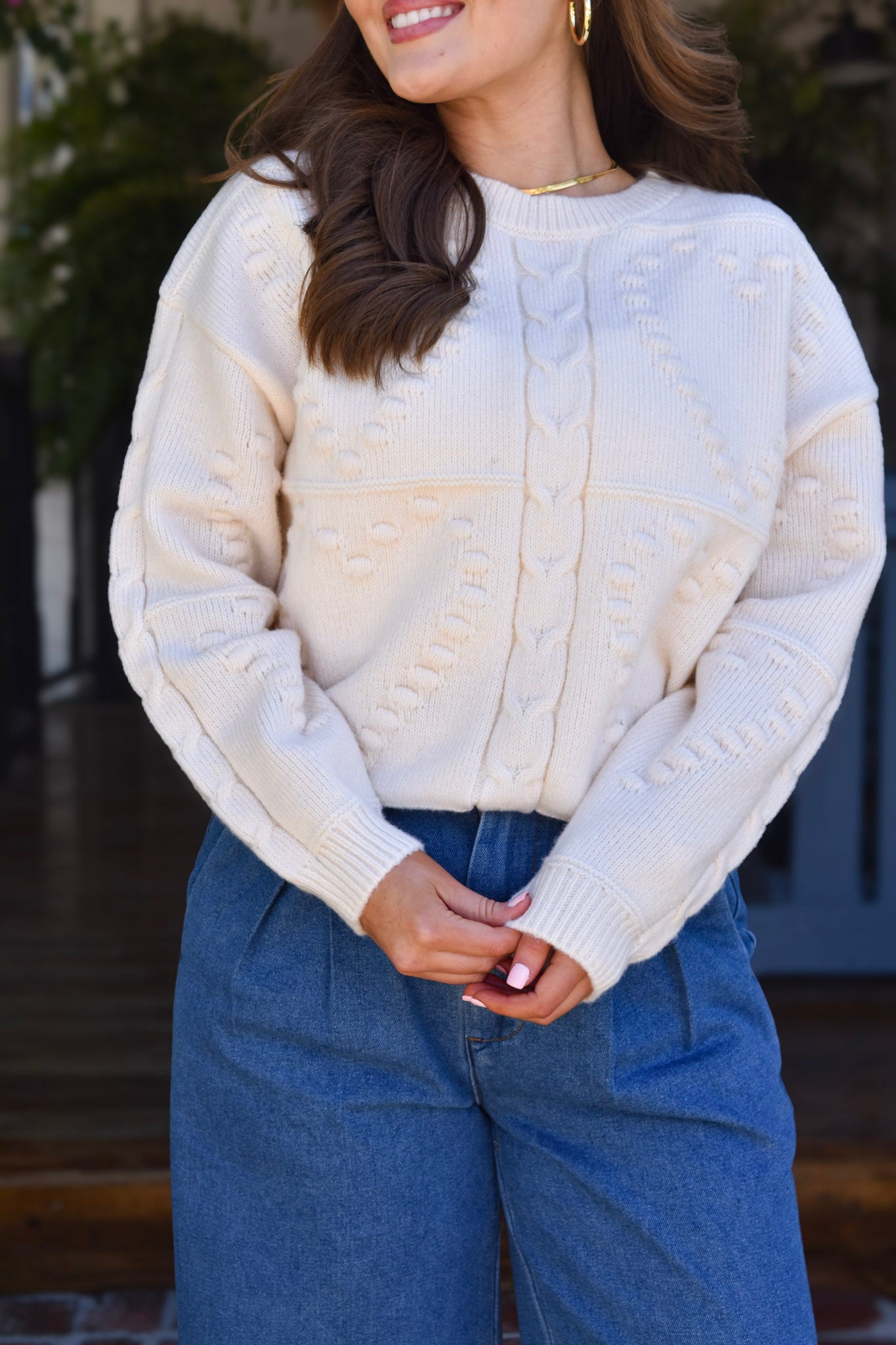 Sailor Cable Knit Long Sleeve Oatmeal Sweater
