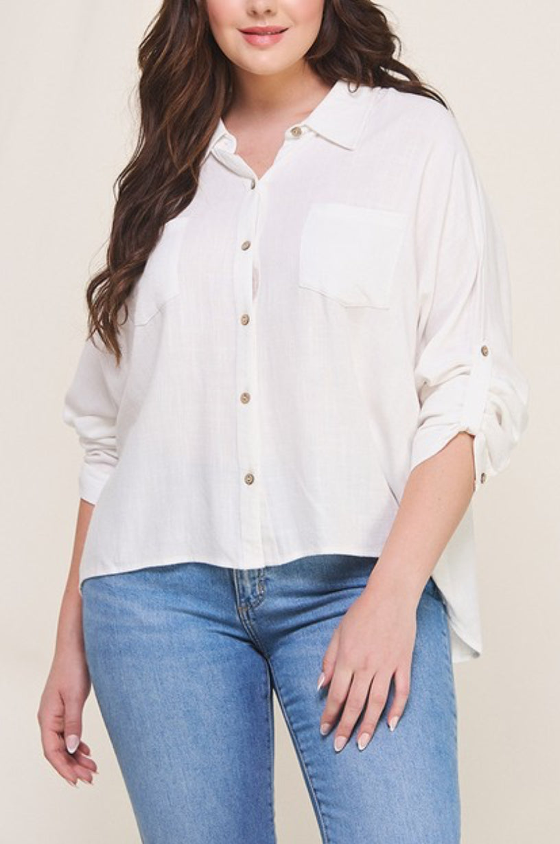 Thinking About You White Linen Button Up Blouse