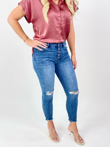 Kim Mid Rise Exposed Button Ankle Skinny Jeans