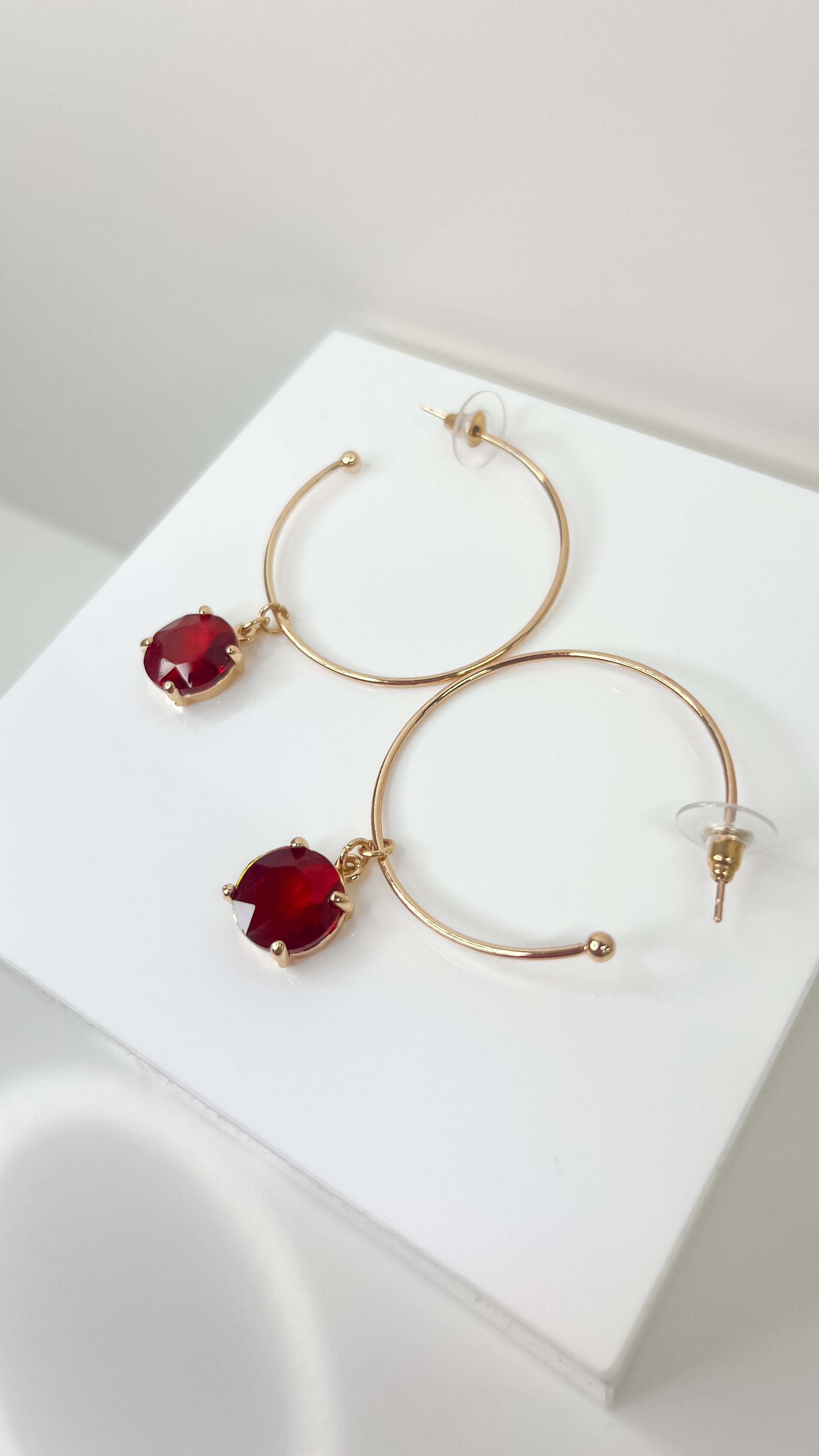 Gold Hoop With Red Stone Earring