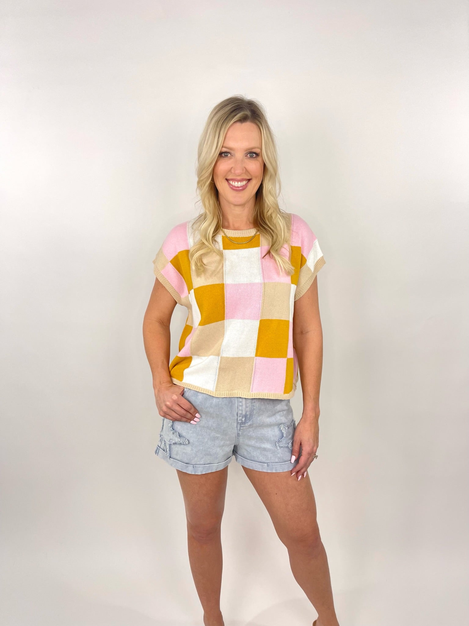 Block Party Sleeveless Checkered Sweater Top