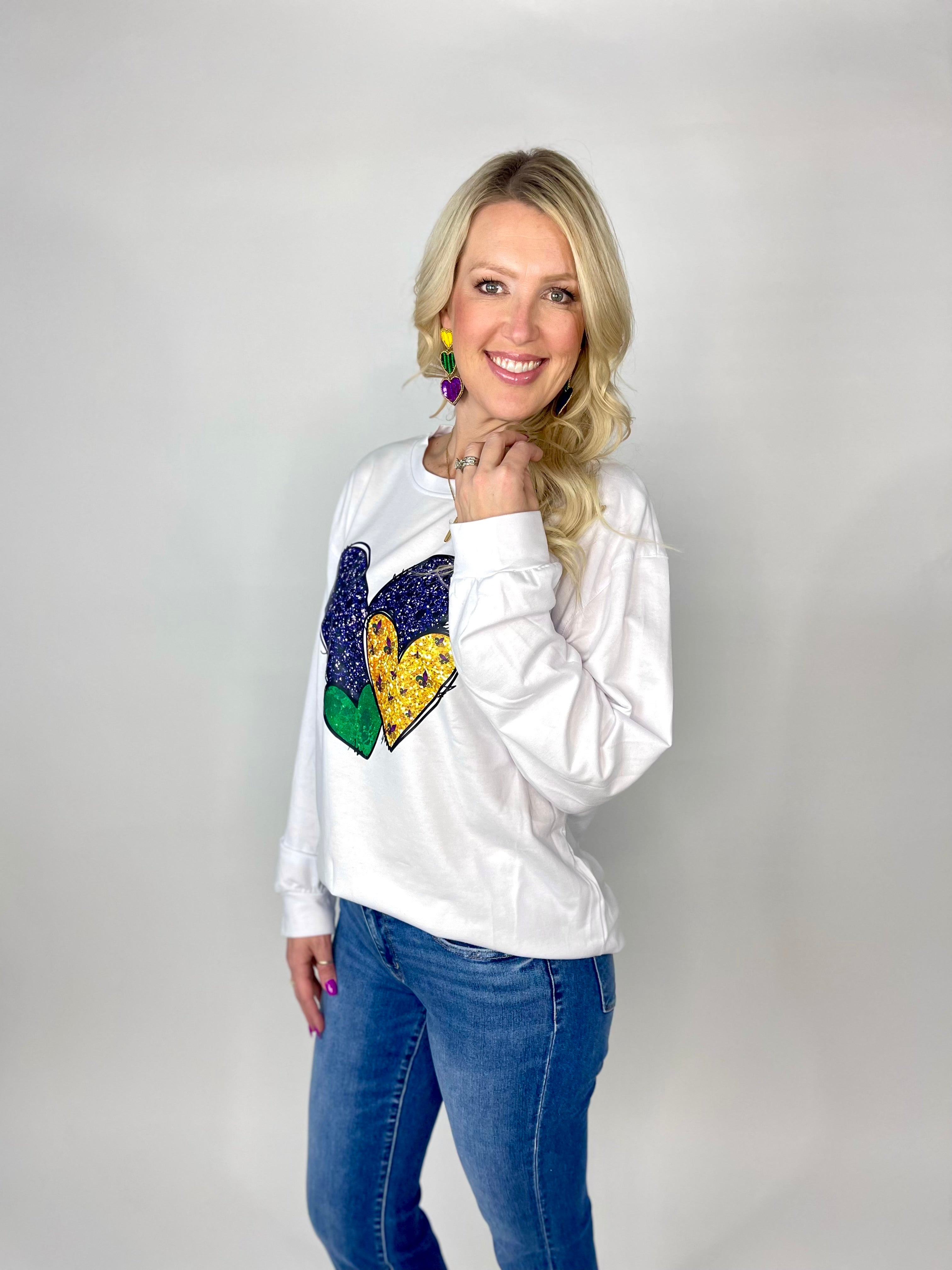 Purple Green & Gold Mardi Gras Hearts Sweatshirt