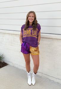 Purple & Yellow Color Combo Sequins Shorts