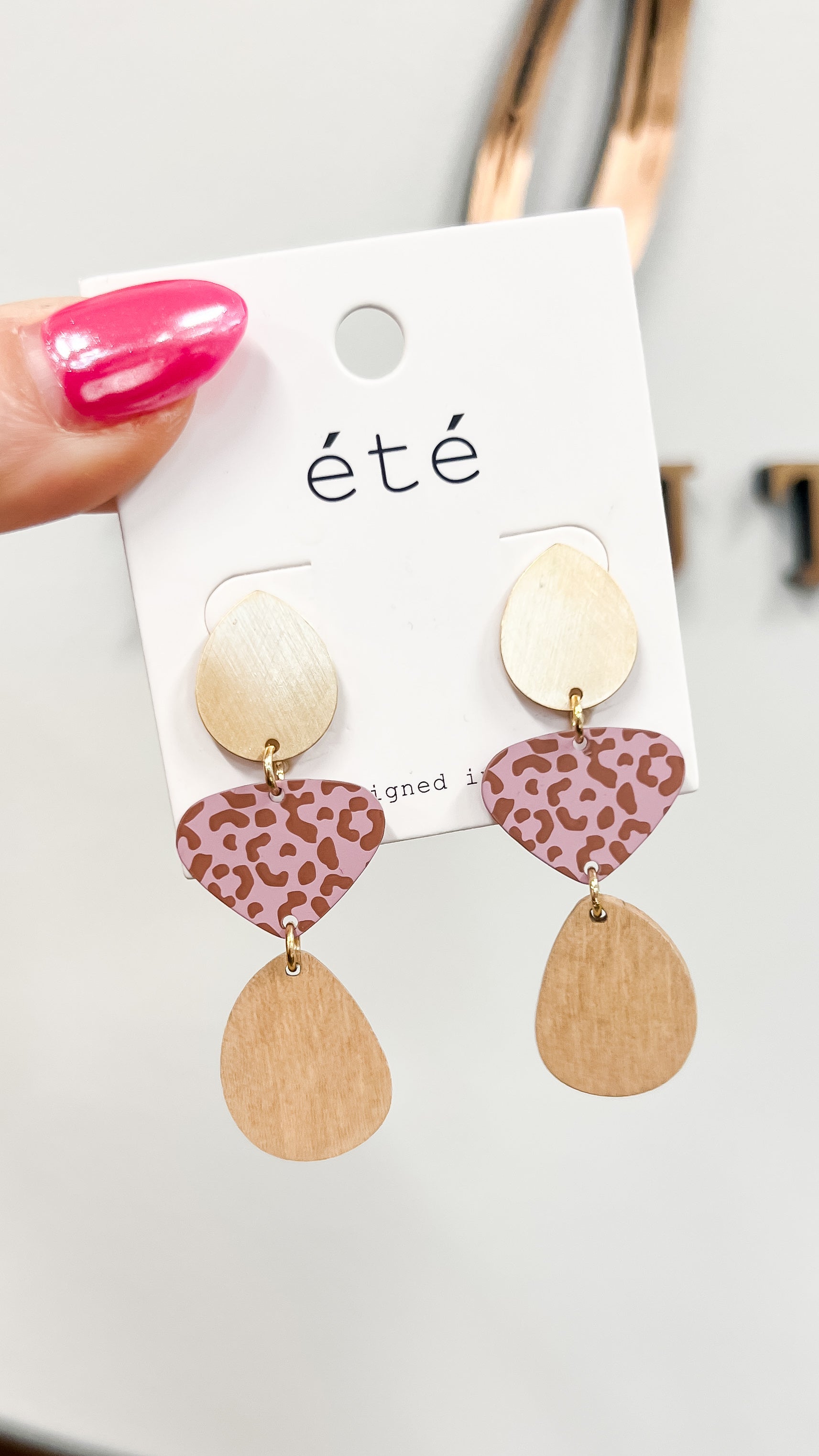 3 Tier Gold Stud Pink Cheetah Earring