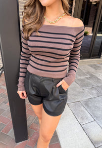 Off The Shoulder Striped Mocha Knit Sweater