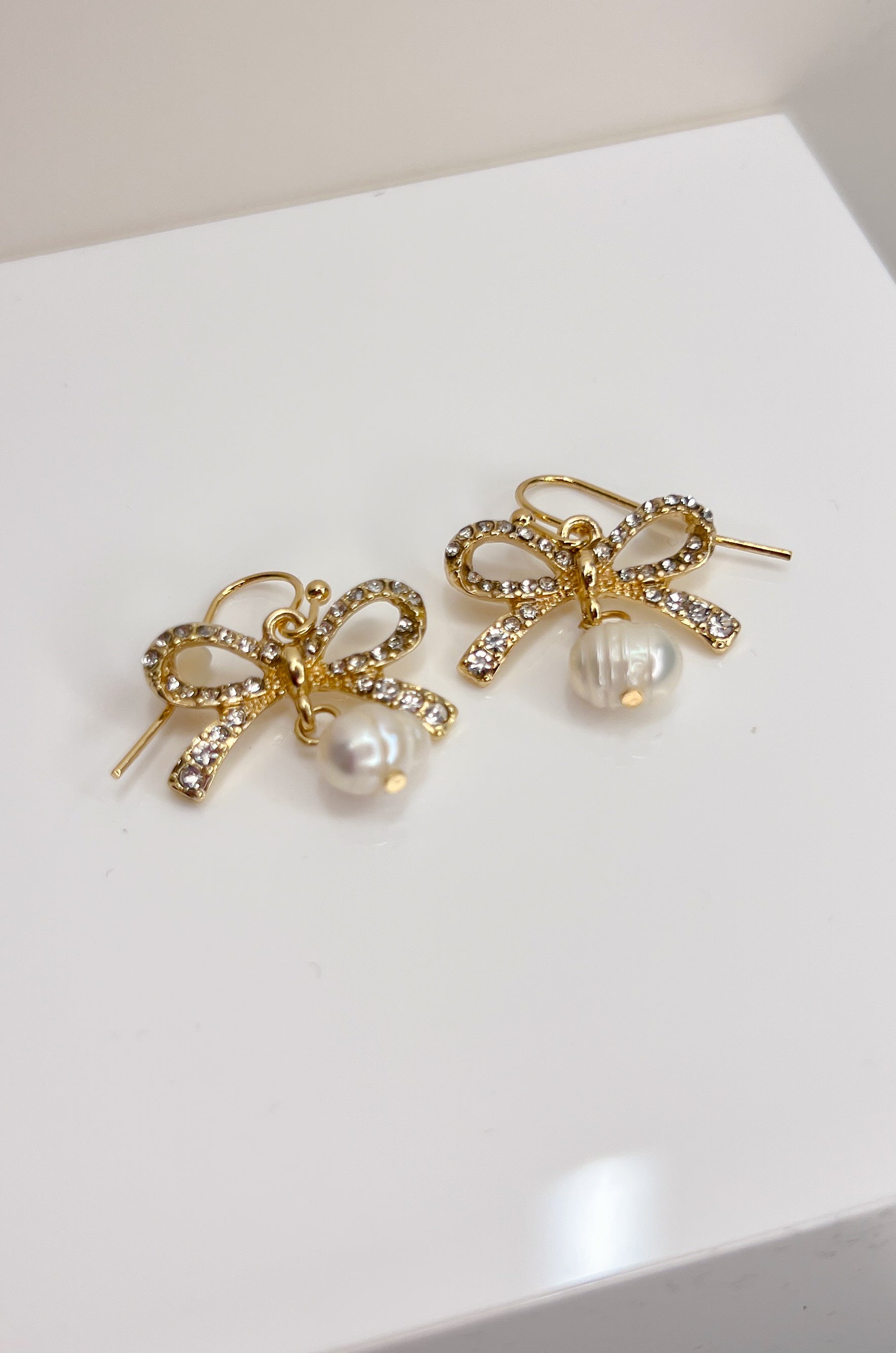 Diamond Bow Pearl Drop Earrings