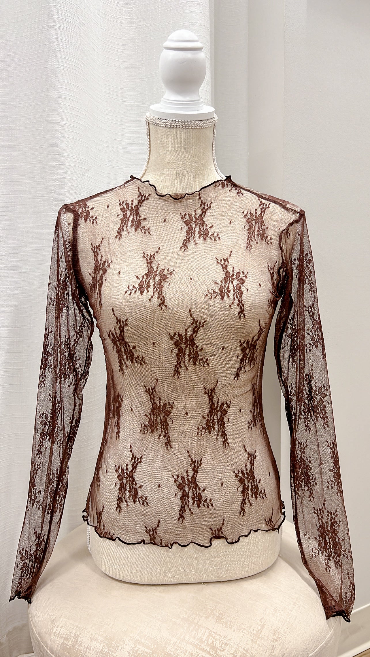 Never Stray Mocha Sheer Lace Fitted Top