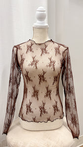 Never Stray Mocha Sheer Lace Fitted Top