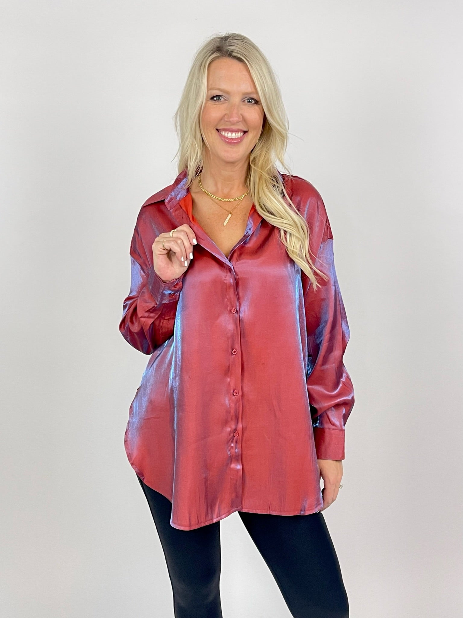 Shiny and Bright Rust Button Down Lurex Shirt