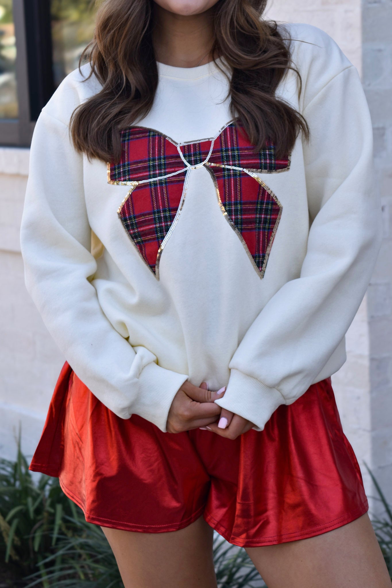 Long Sleeve Christmas Plaid Bow Knit Top