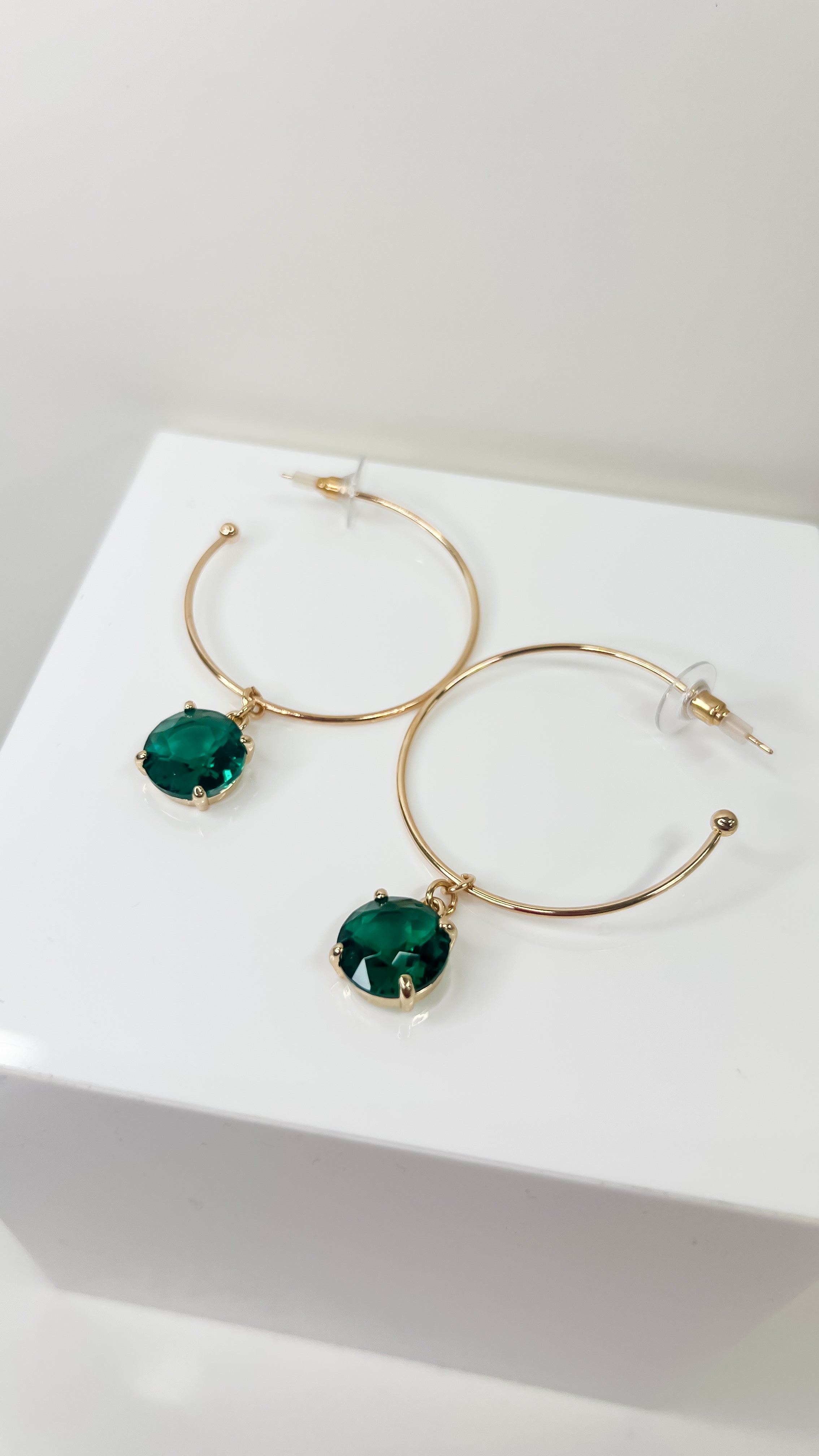 Gold Hoop With Green Stone Earring