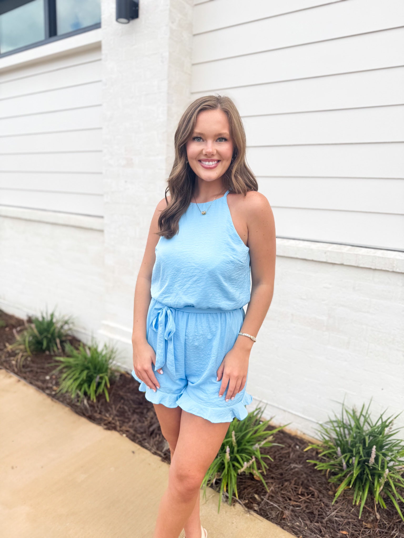 That Grove Feeling Carolina Blue Satin Romper