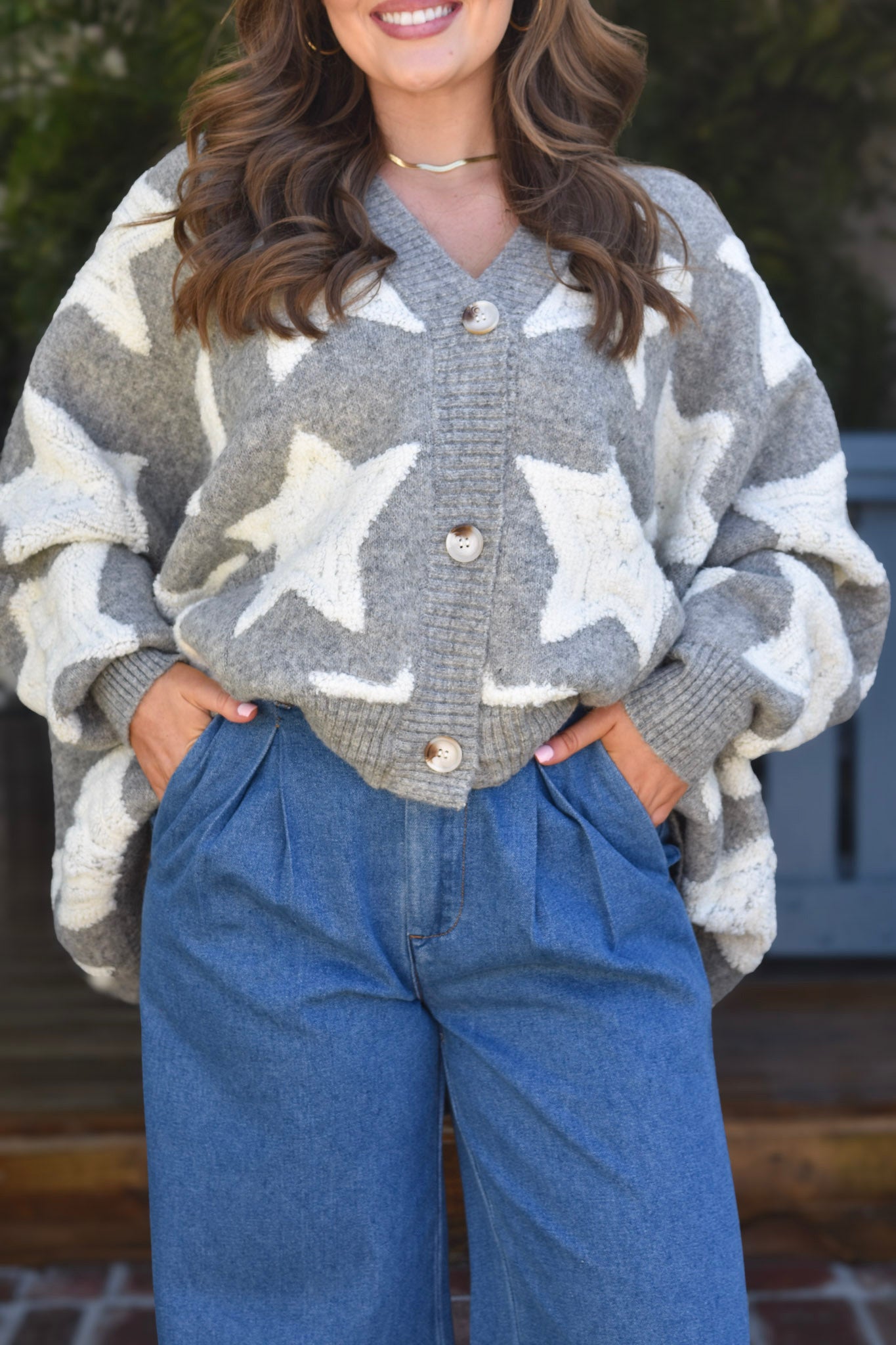 Star Print Grey Knitted Boxy Cardigan