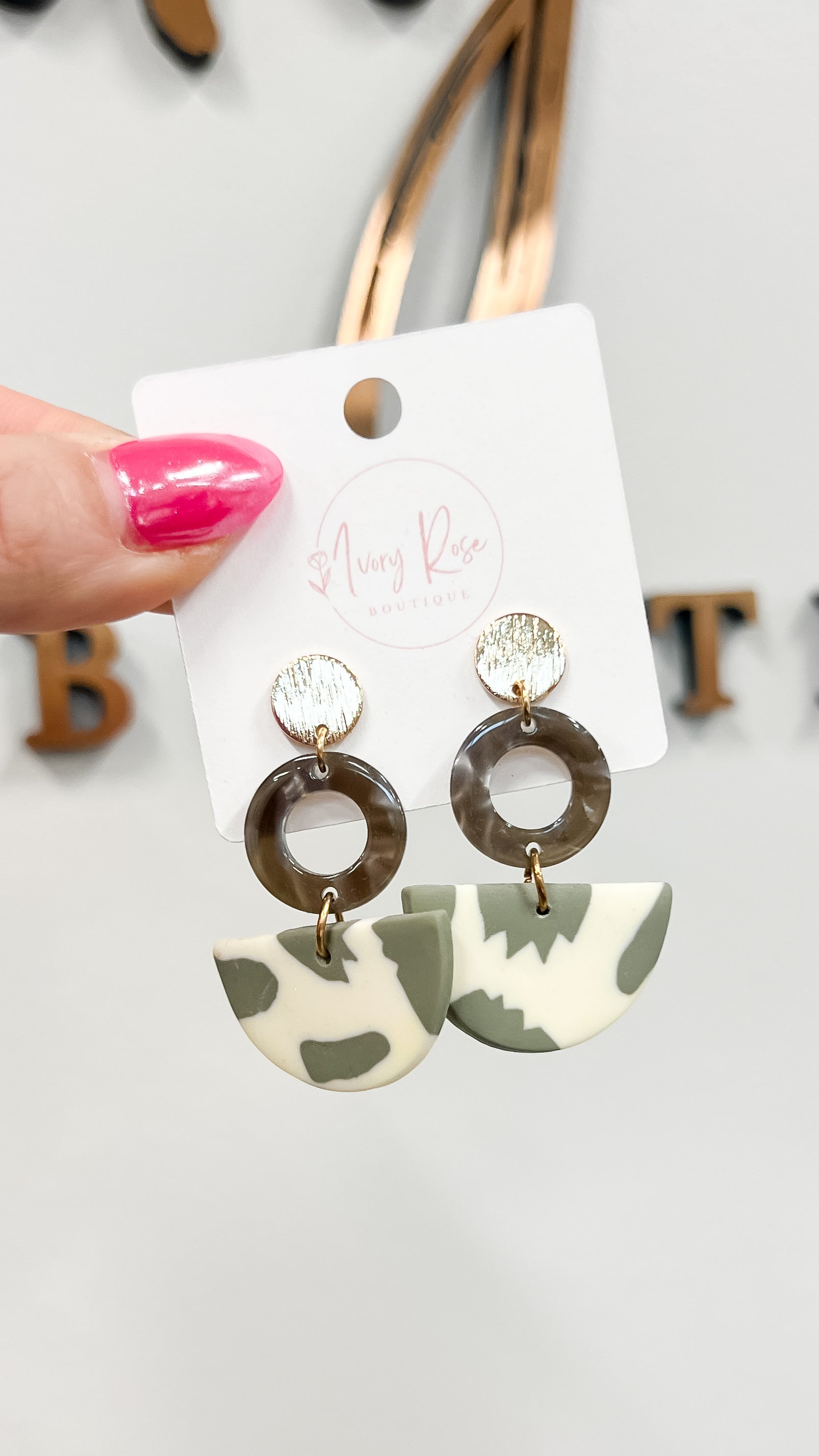 Grey/Cream Clay and Acrylic Geometric Drop Earring