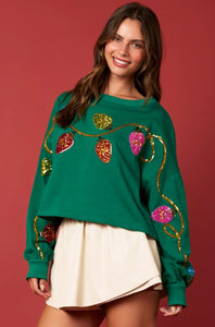 Green Cropped Sequin Christmas Lights Top