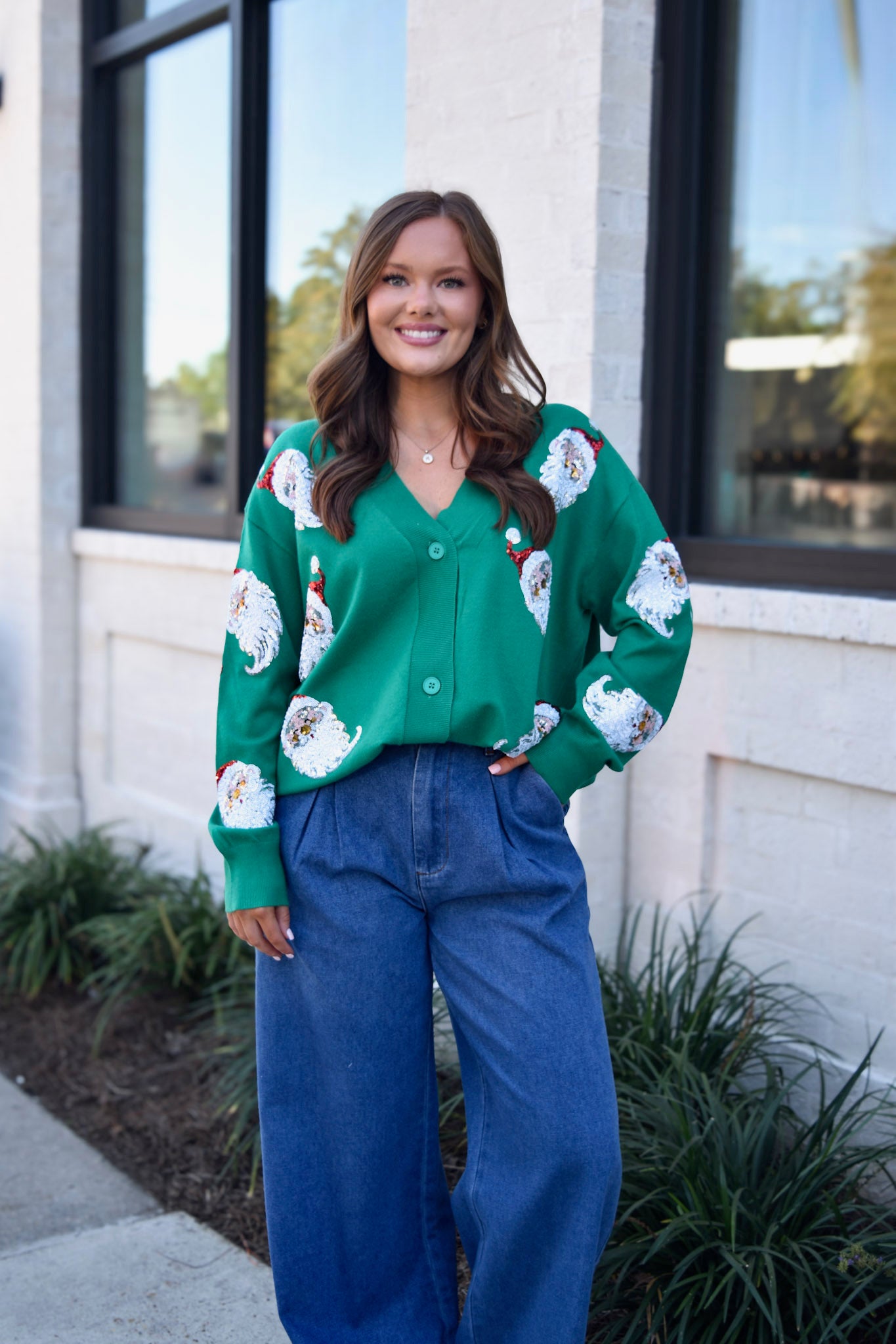 Green Oversized Santa Sequins Cardigan