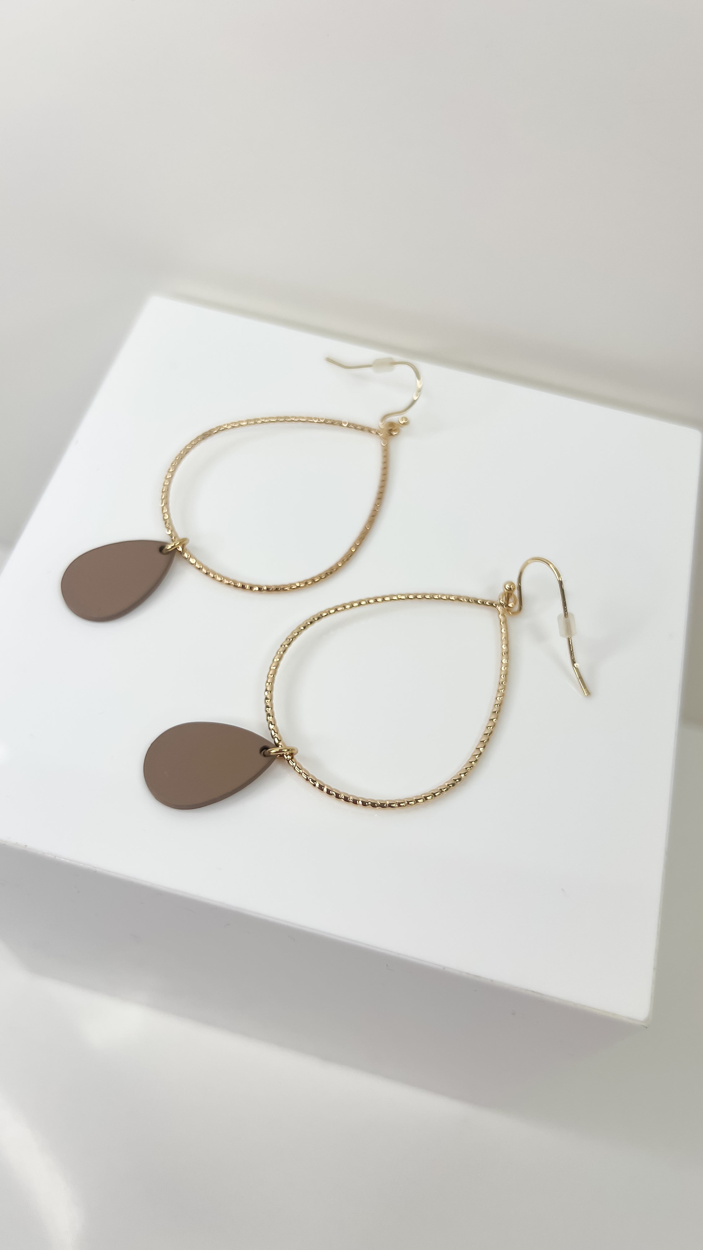 Gold Hoop With Taupe Teardrop Earring