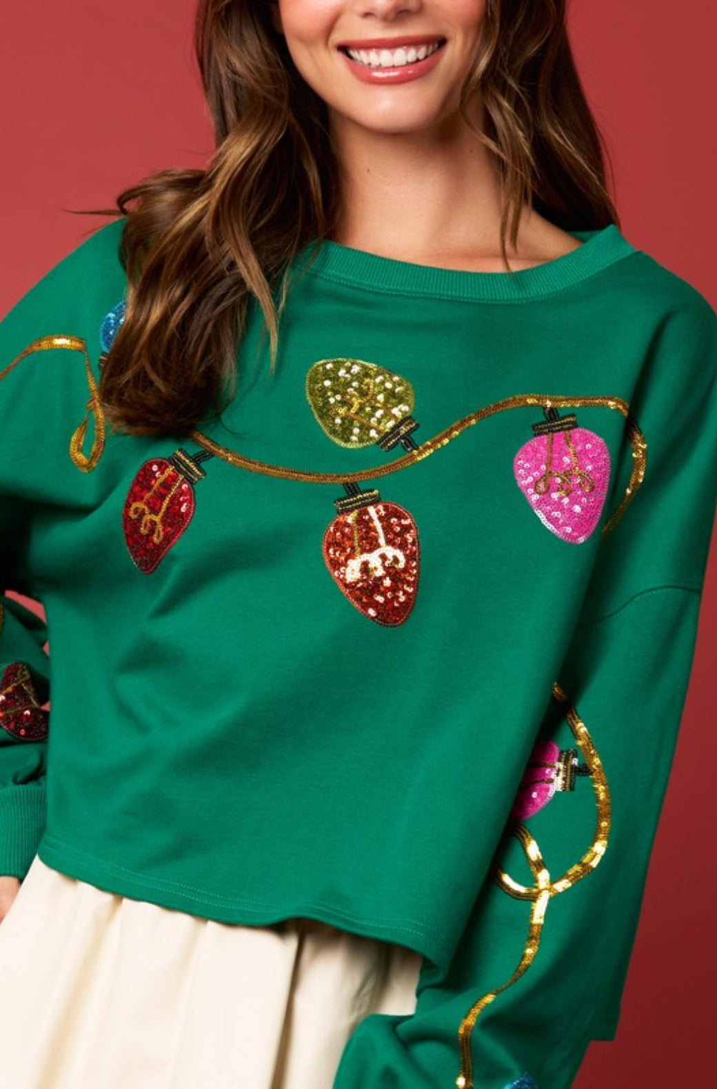 Green Cropped Sequin Christmas Lights Top