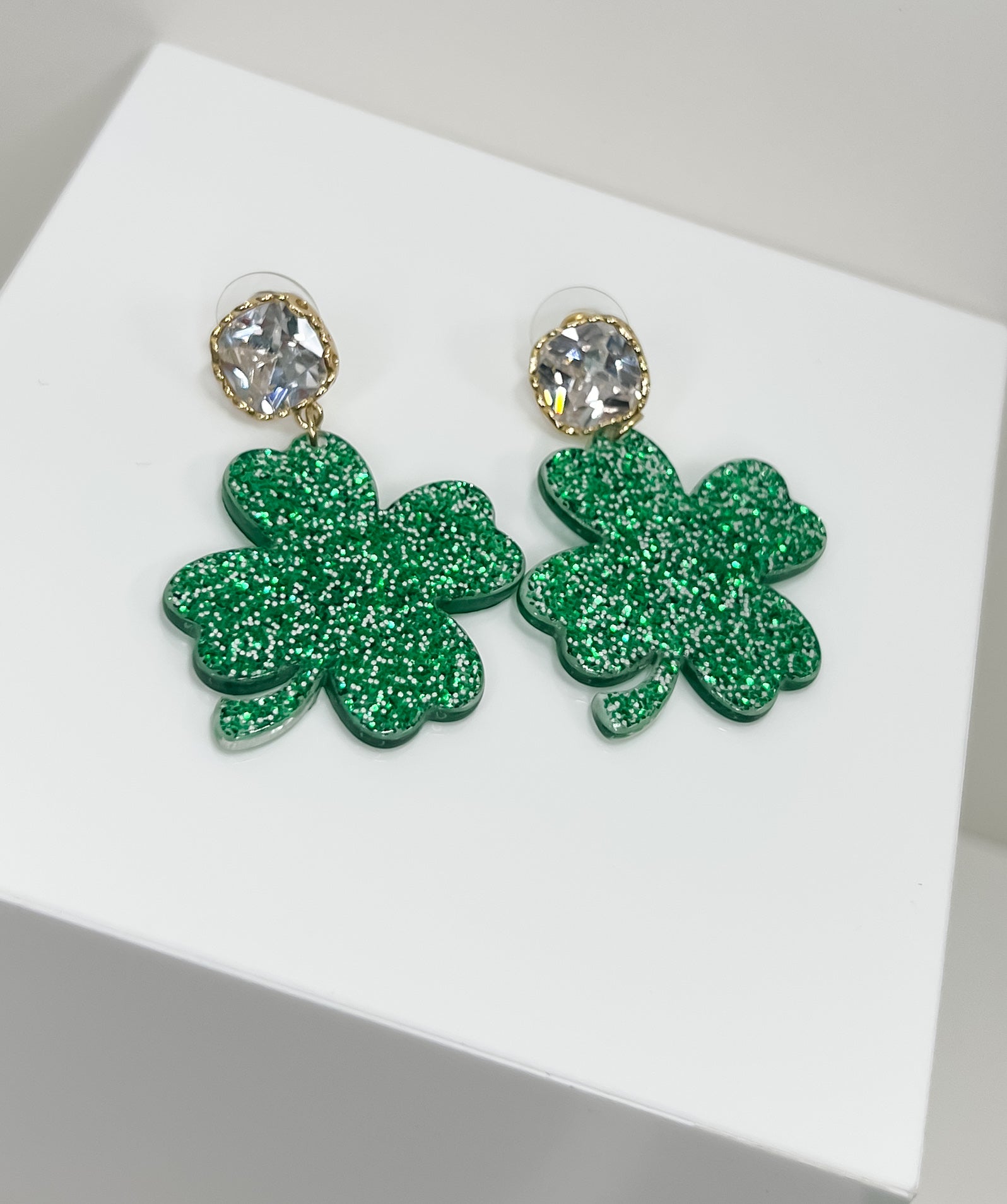 Crystal Post & Green Four Leaf Clover Earrings