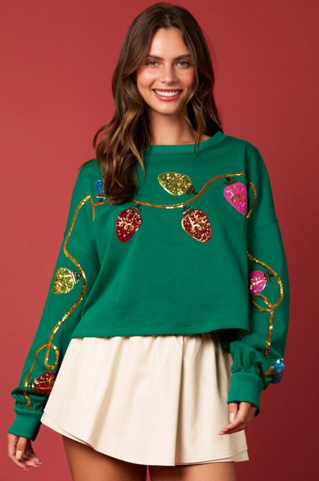 Green Cropped Sequin Christmas Lights Top