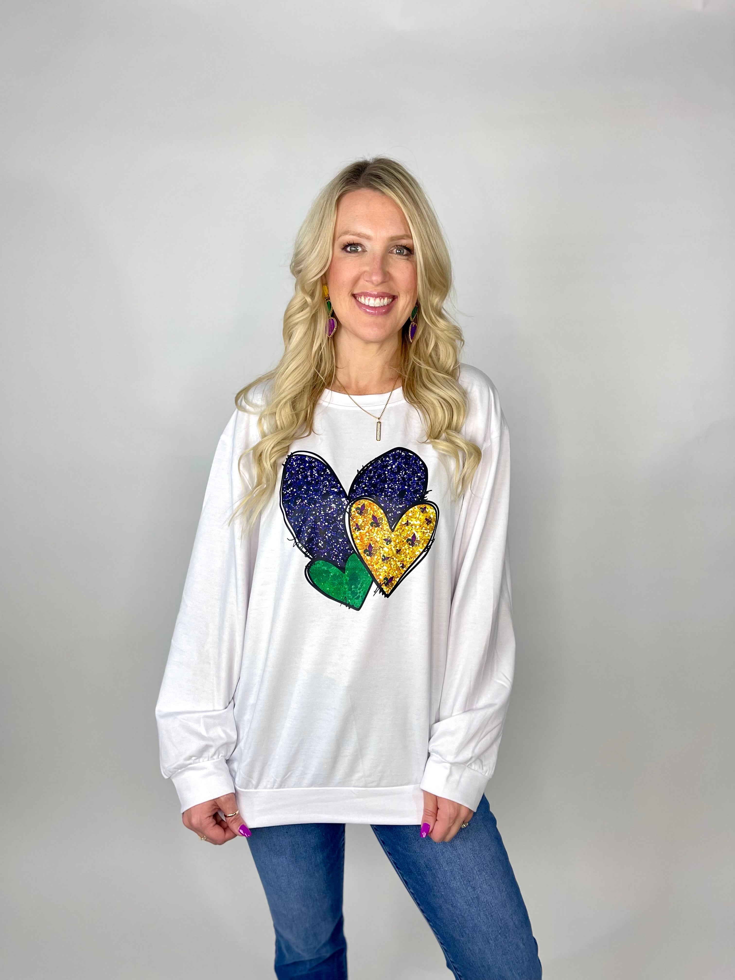 Purple Green & Gold Mardi Gras Hearts Sweatshirt