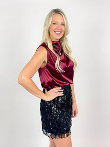 Deck The Halls Sleeveless Wine Satin Top