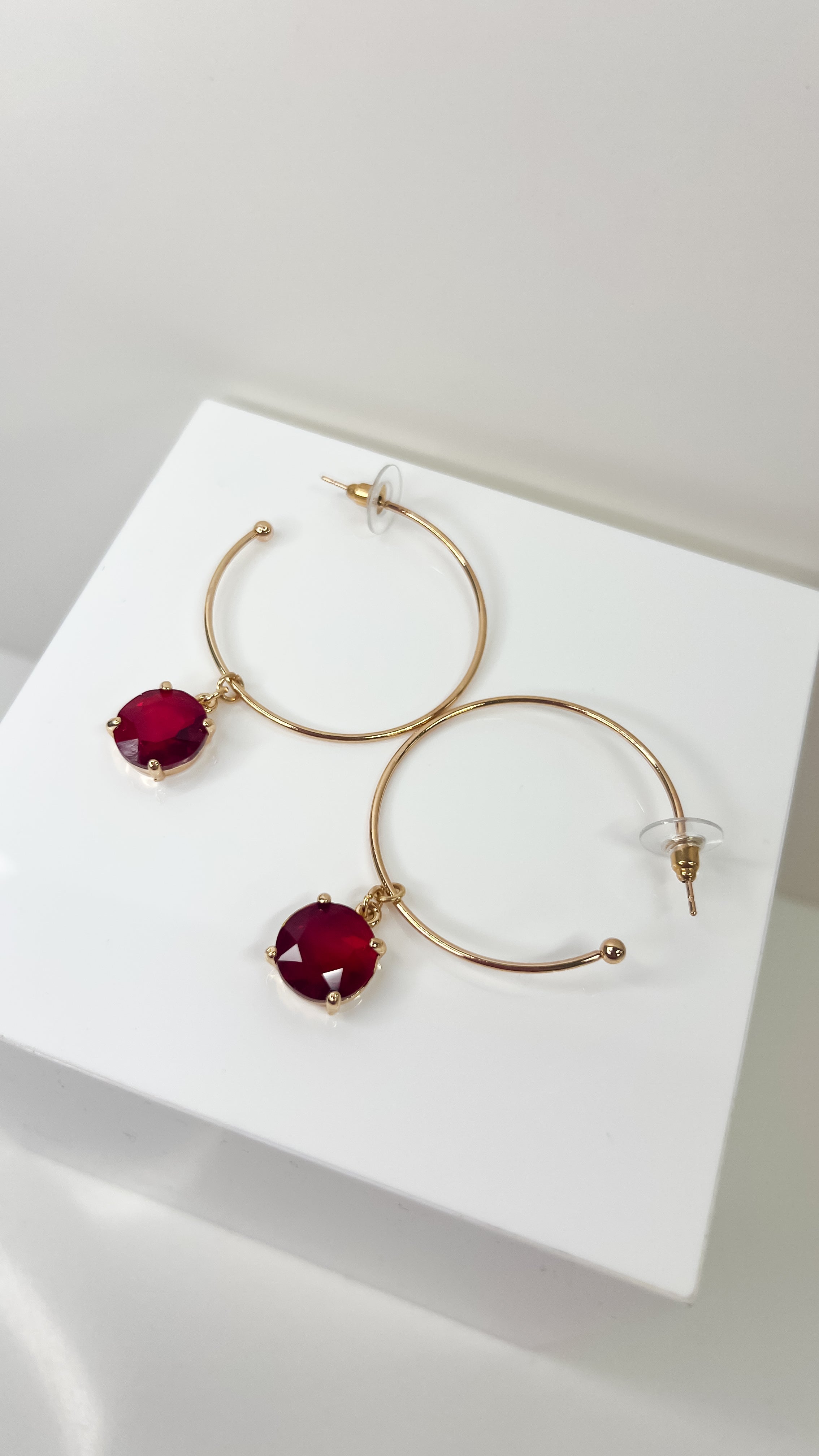 Gold Hoop With Red Stone Earring