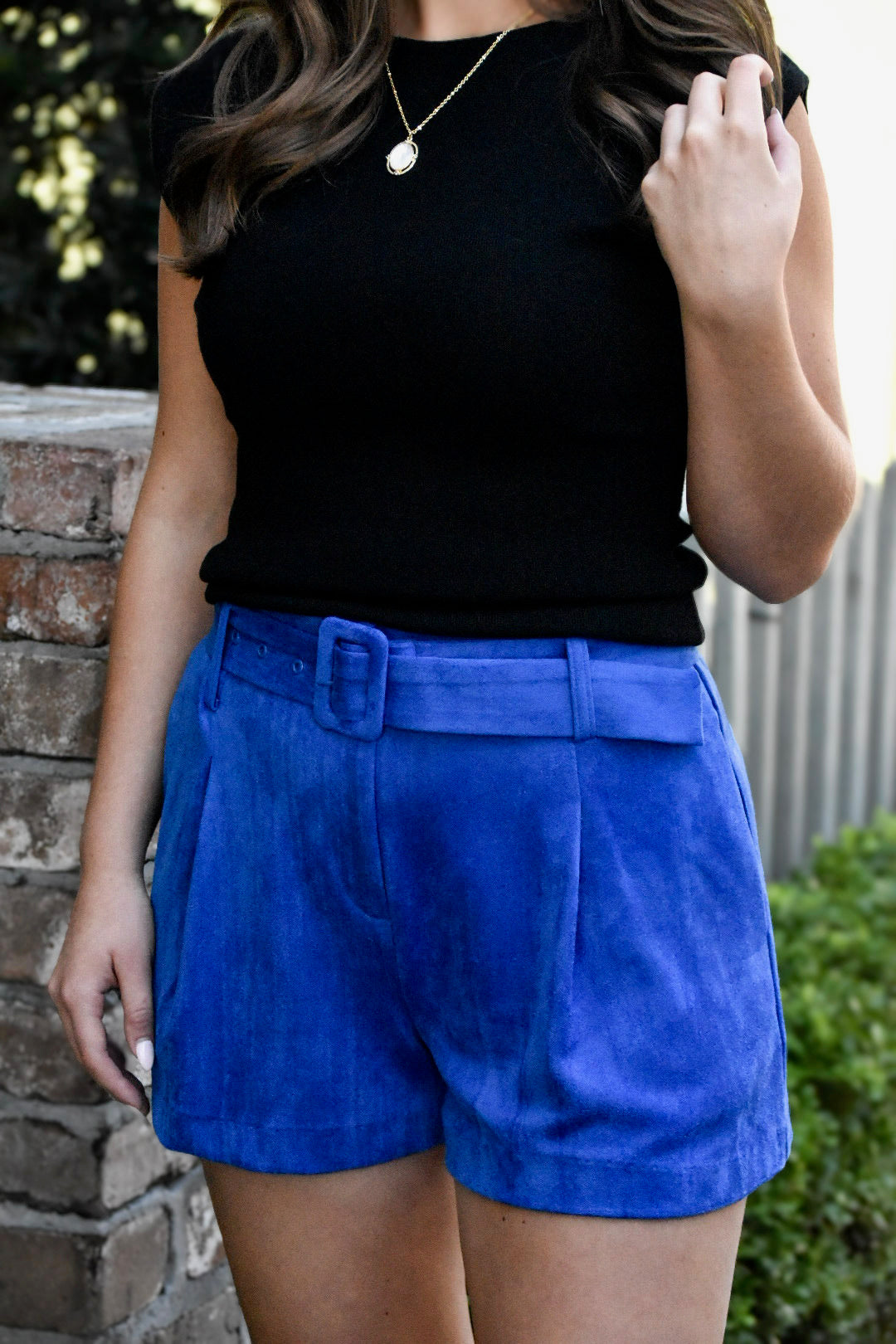 Cobalt Blue Soft Suede Pleated Shorts
