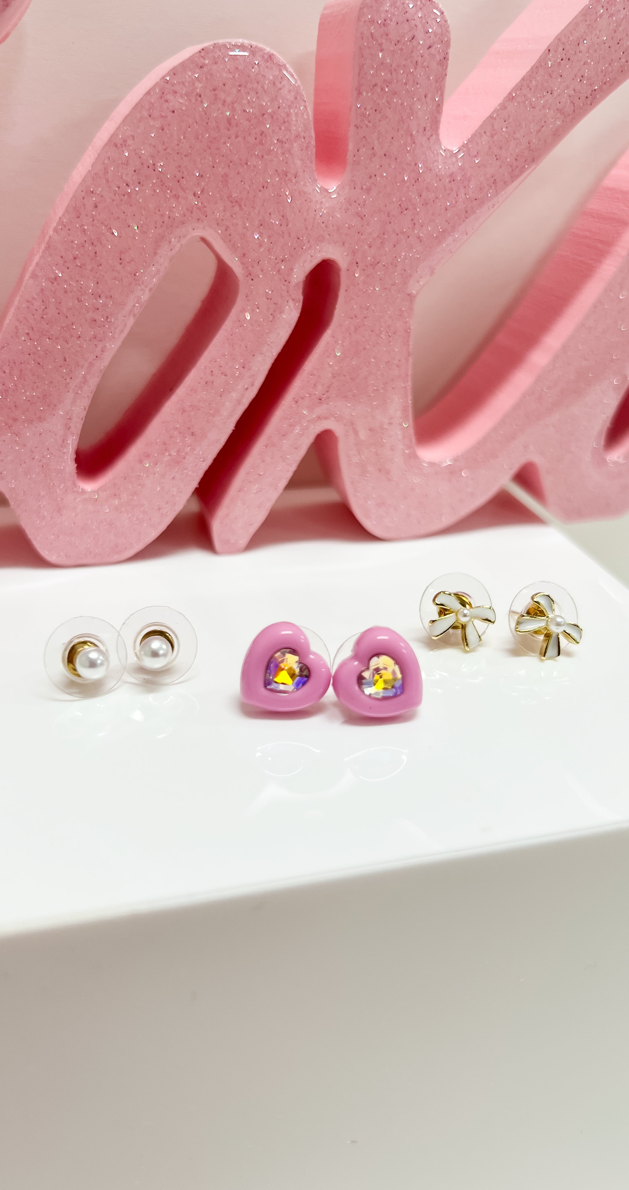 Set of 3 Pearl, Bow & Heart Earrings