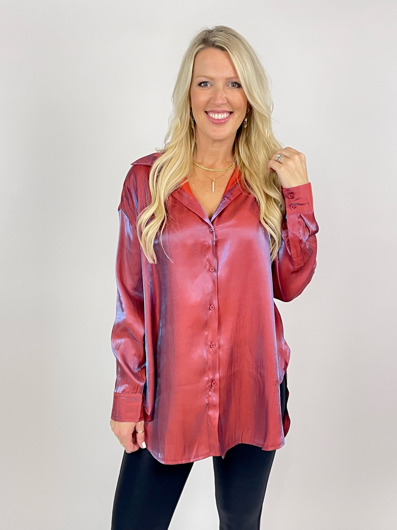 Shiny and Bright Rust Button Down Lurex Shirt