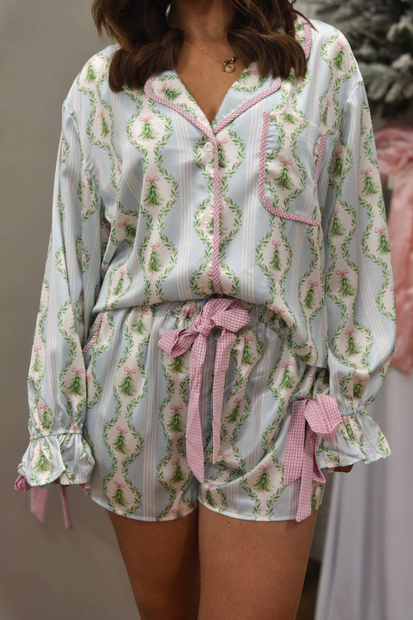 Christmas Printed Blue/Green Satin Pajama Set